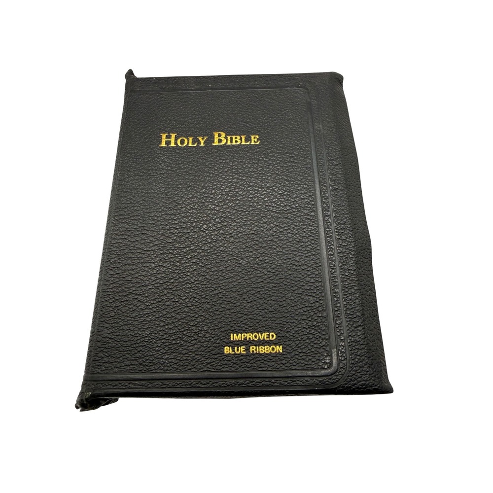 Vintage Improved Blue Ribbon Bible KJV Hertel Co Black Gold Gilt Thumb Index